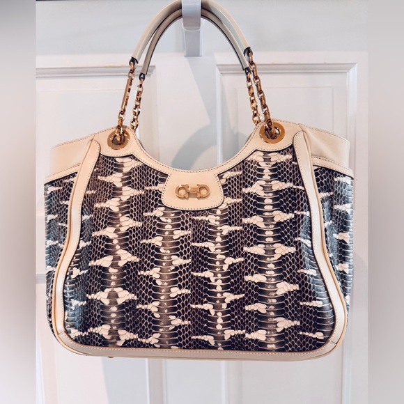 Salvatore Ferragamo Handbags - Salvatore Ferragamo Betulla Python Snakeskin Leather Gancini Chain Tote Bag